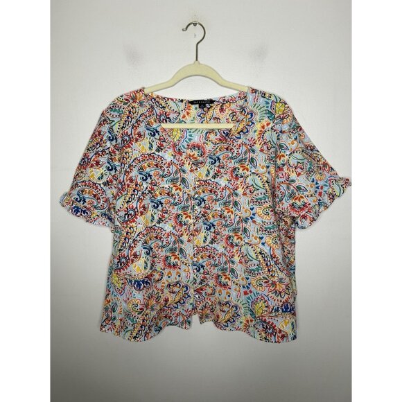 Zac & Rachel White Colorful Floral Short Sleeve V Neck Top Blouse Size XL - Picture 1 of 8